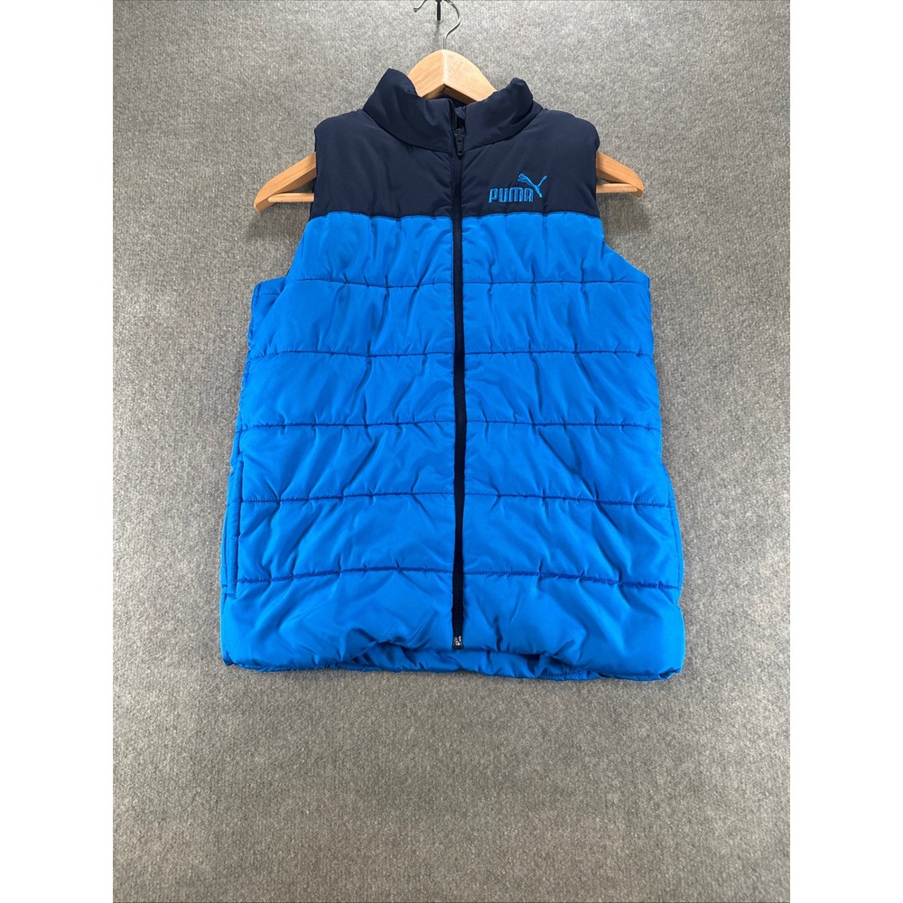 Puma Boys Puffer Vest Navy Royal Blue Quilted Full Zip Sleeveless Jacket M 10/12